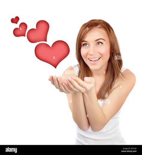 Picture Of Pretty Woman With Red Hearts Isolated On White Background Female In Love First
