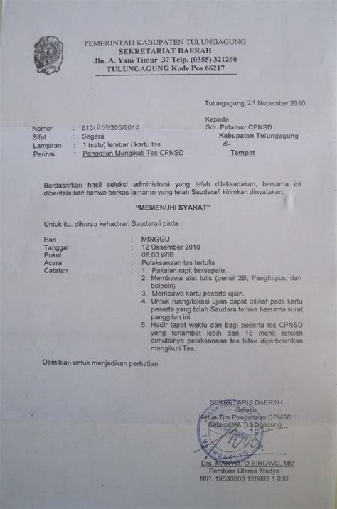 Objektif, dalam arti dalam proses pendaftaran, seleksi dan penentuan kelulusan didasarkan pada persyaratan dan hasil tes/tes sesuai keadaan. Surat Balasan Peserta CPNS 2010 Pemkab Tulungagung | Budi ...