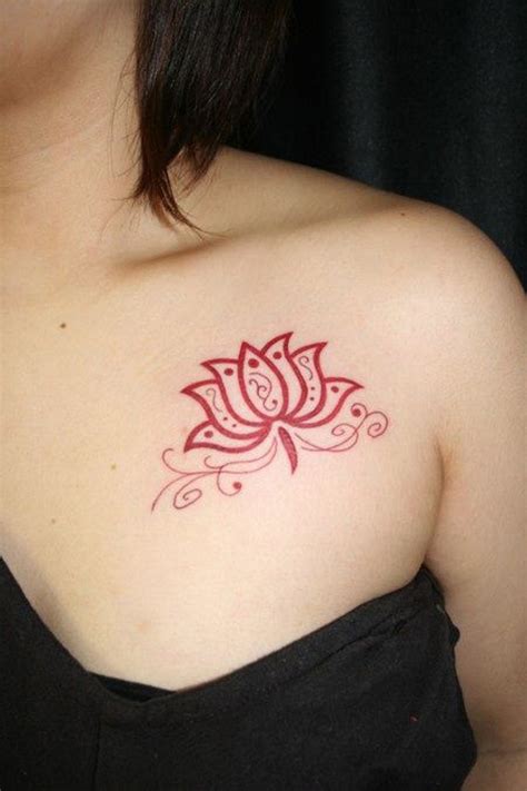 Simple Red Lotus Flower Chest Tattoo For Girls Lotus Flower Tattoo