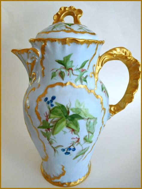 Antique Limoges Porcelain Hand Painted Embossed Chocolate Pot Blue
