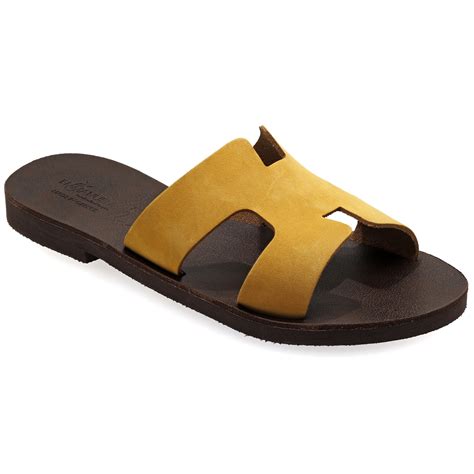 Mustard Yellow Leather H Sandals Flat Greek Sandals Slide Etsy