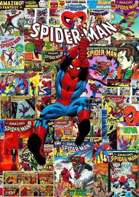 spider - man collaged with comic covers in the shape of an