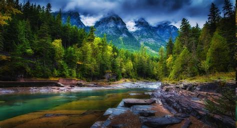 Mountain Clouds Forest River Trees Spring Green Nature