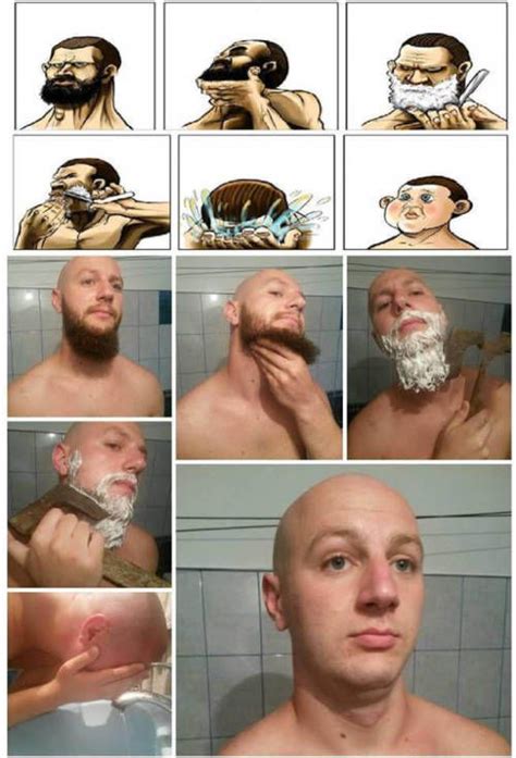 A Man Is Shaving His Face In The Mirror And Doing Different Things To His Hair