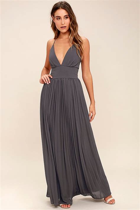 stunning slate grey dress pleated maxi dress grey gown 78 00 lulus