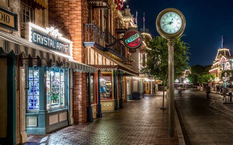 Wallpaper Disneyland Street Clock Lights Shop Night 2880x1800 Hd