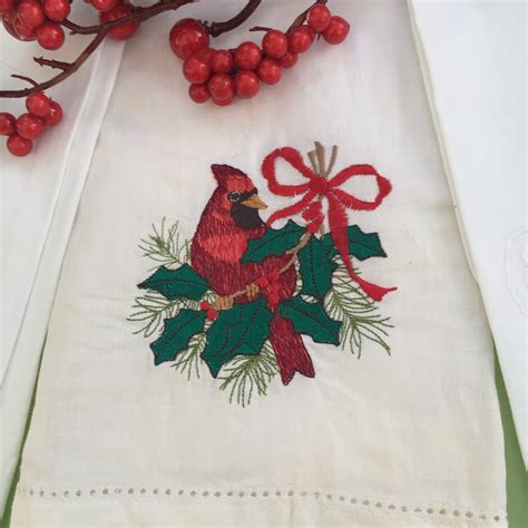 Vintage Christmas Linens Set Of Three Embroidered Christmas Tea