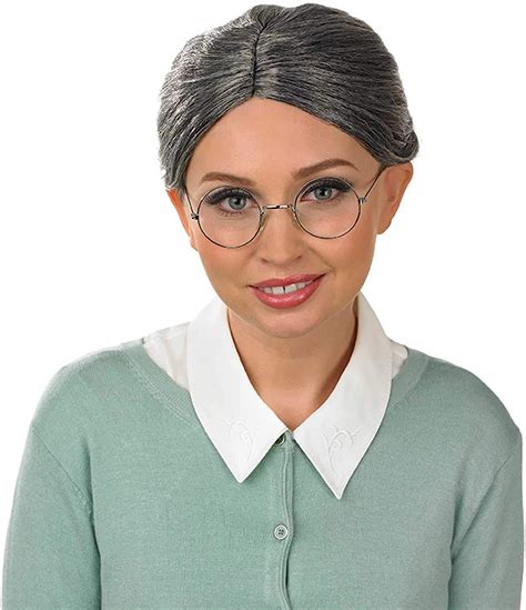 adults granny wig and glasses set womens grey bun grandma hair costume accessories granny grey