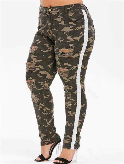 Off Plus Size Ripped Piping Camo Jeans Rosegal