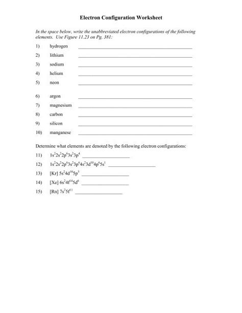 For the following atoms and ions write the full electron configuration and the short hand configuration carbon full 1s 2 2s 2 2p 6 short hand hev2s 2 2p 6 bromine full 1s 2 2s 2 2p 6 3s 2 3p 6 4s 2. Electron Configuration Practice Worksheet