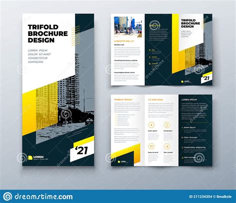 Tri Fold Yellow Brochure Design With Square Shapes Corporate Business