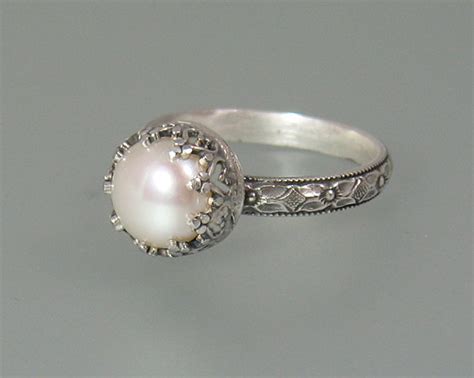 Pearl Engagement Ring Sterling Silver Pearl Ring Vintage Style