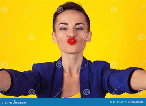 Blowing A Kiss Selfie Shot Closeup Woman Short Hair Girl Puckering