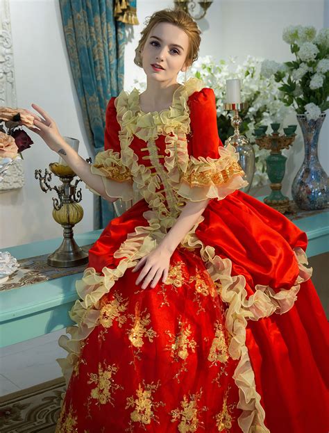 Victorian Dress Costume Red Retro Costume Baroque Embroidered Zipper