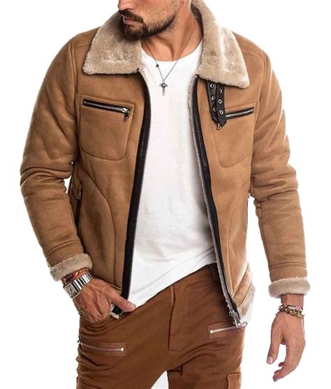 men s wje07 casual suede brown shearling jacket jackets expert