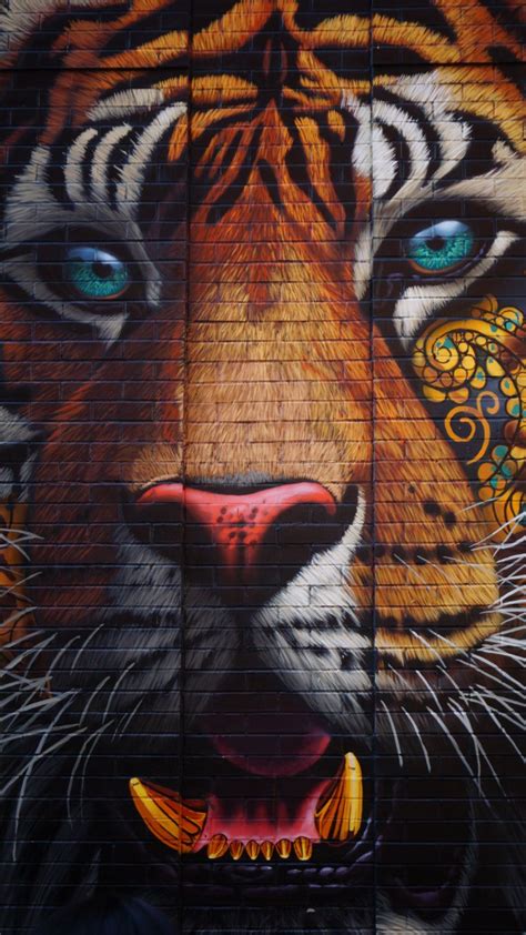 Download Wallpaper 938x1668 Tiger Graffiti Street Art Wall Colorful