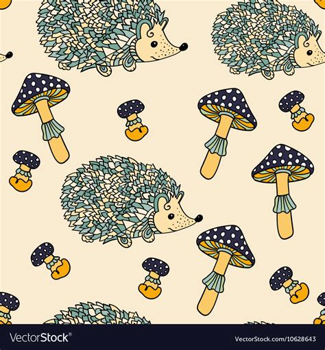 Seamless Pattern With Hedgehogs And Mushrooms Vector Image