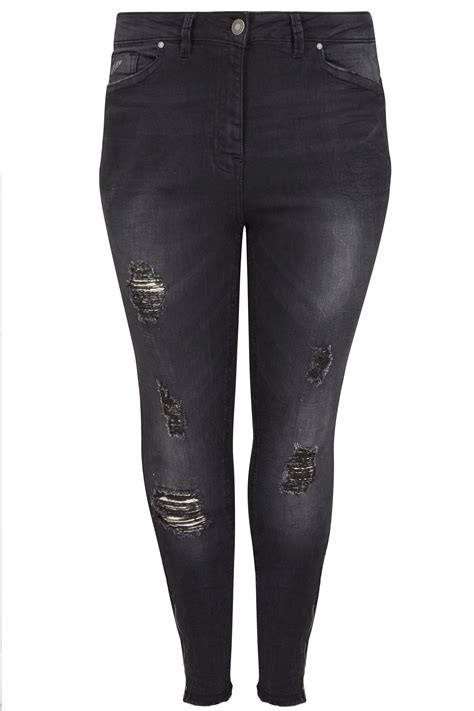 limited collection black ripped skinny jeans with zip hem plus size 16 to 36