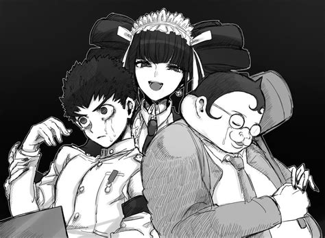Three Anime Characters Sitting Next To Each Other In Front Of A Black