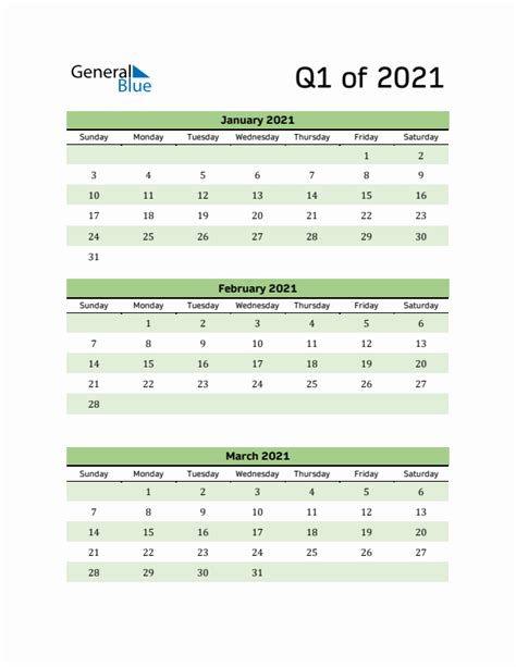 Q1 Quarterly Calendar 2021 In Pdf Word Excel