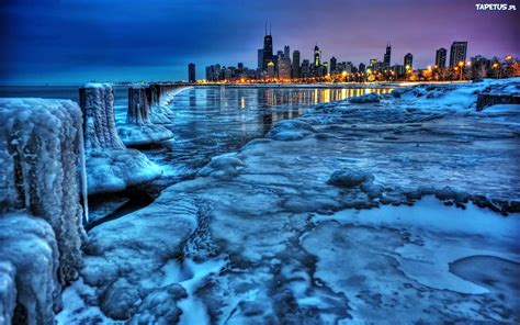 Panorama Chicago Nocą Jezioro Michigan Lód