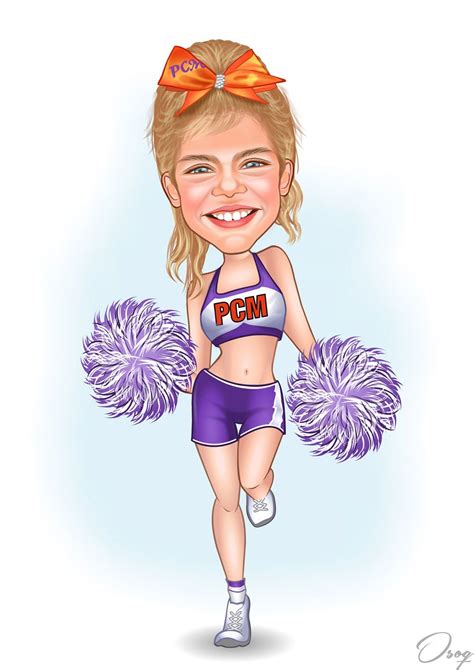 a pcm cheerleader is wearing a purple uniform and an orange bow on his head jumping and