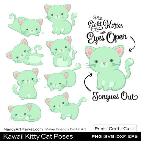 Mint Green Kawaii Kitty Cat Poses Clipart Examples Mandy Art Market