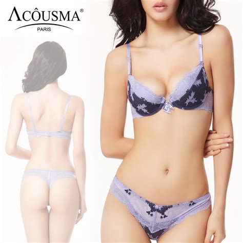 Acousma Women Sexy Bra And Panty Set Floral Lace Bowknot 34 Cup Push