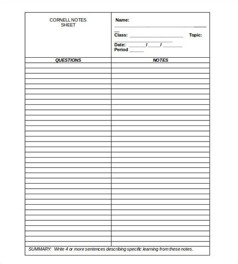 Blank Cornell Note Template 4 Free Sample Example Format Download