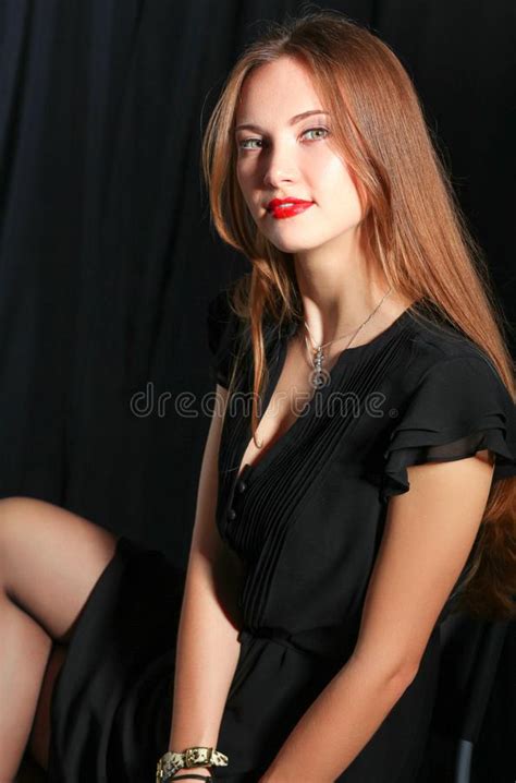 392 Beautiful Woman Black Sitting Chair Isolated Gray Background Stock