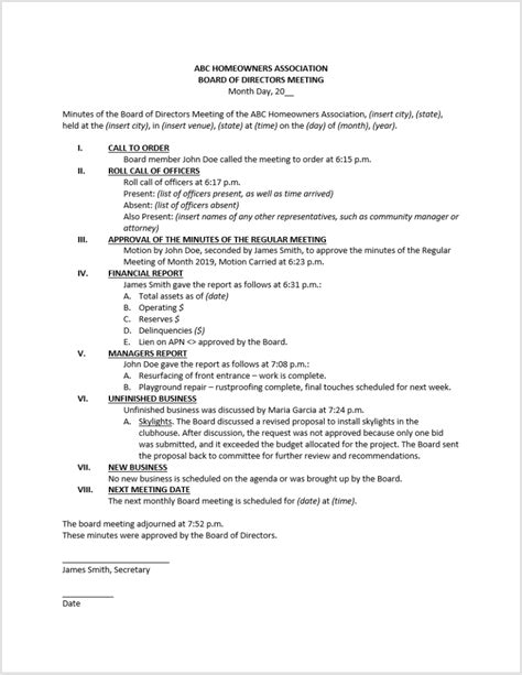 Printable Hoa Meeting Minutes Template