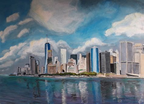 Manhattan Skyline Painting With Ny Skyscrapers From The Staten Is Ferry