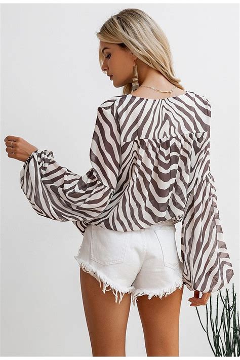 Zebra Stripe Printed Elegant V Neck Lace Up Women Blouse In 2020 Blouses For Women Shirt
