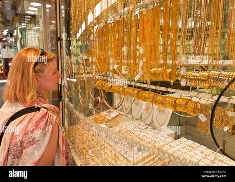 Female Tourist Shopping Gold Souk Market Deira Dubai United Arab Emirates Middle East Stock