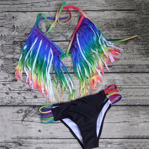 2018 Gradient Color Rainbow Tassel Padded Bra Woman Sexy 2pcs Bikinis Set Push Up Swimsuits