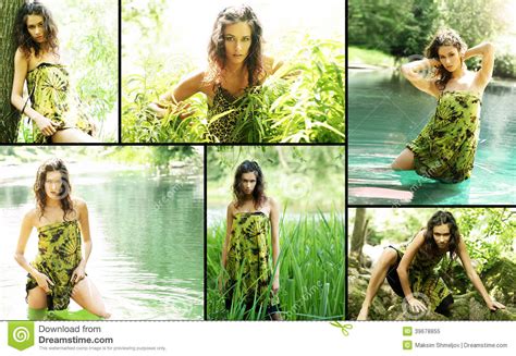 A Collage Of Women Posing In A Dress In The Jungle Stock