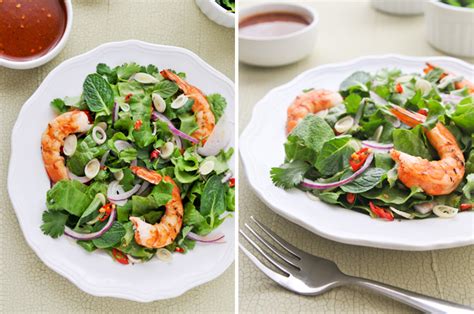 Add shrimp, lettuce, noodles, and cherry tomatoes to the salad bowl, then pour over the dressing. Spicy Grilled Shrimp Salad | Pla Goong | พล่ากุ้ง - Rachel Cooks Thai