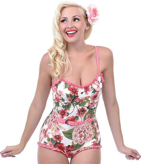 Pink And Green Floral Belted Bathing Suit From Unique Vintage