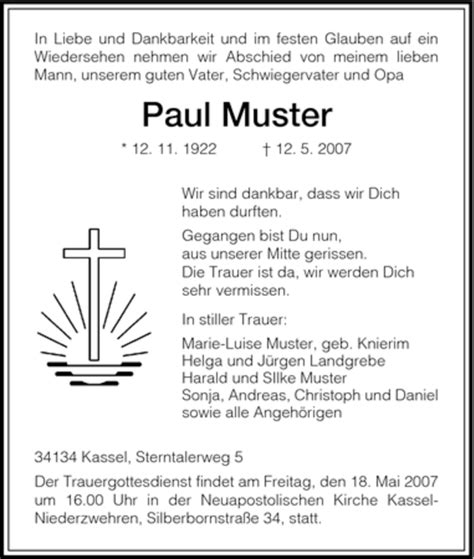 Vorlagen und beispiele für kondolenzschreiben; Traueranzeigen von Paul Muster | Trauer.HNA.de