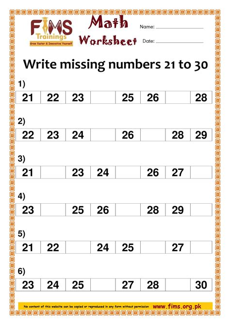 Numbers 21-30 Worksheets
