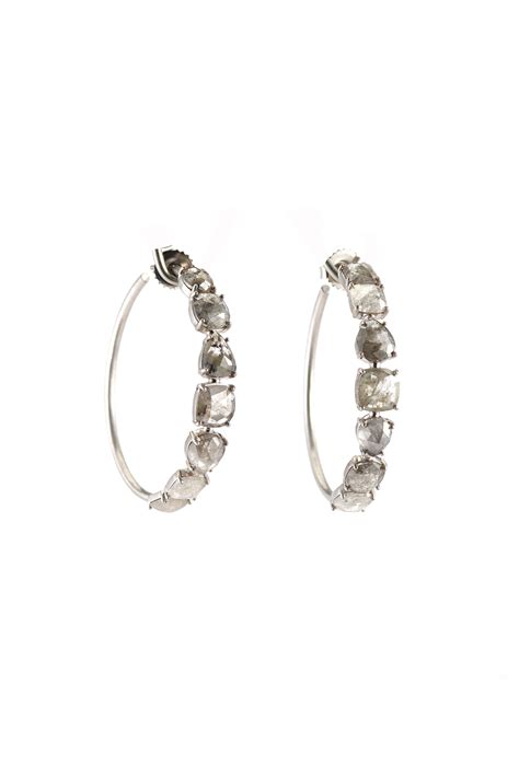 sylva and cie 18k white gold half diamond hoop earrings