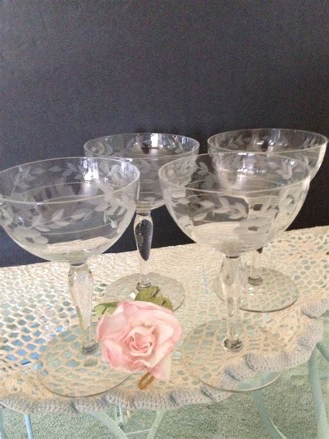 Stunningly Elegant Vintage Etched Champagne Glasses Set Of Four 4 By