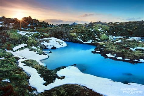 Sunset At A Small Blue Lagoon Landscapes Iceland Europe