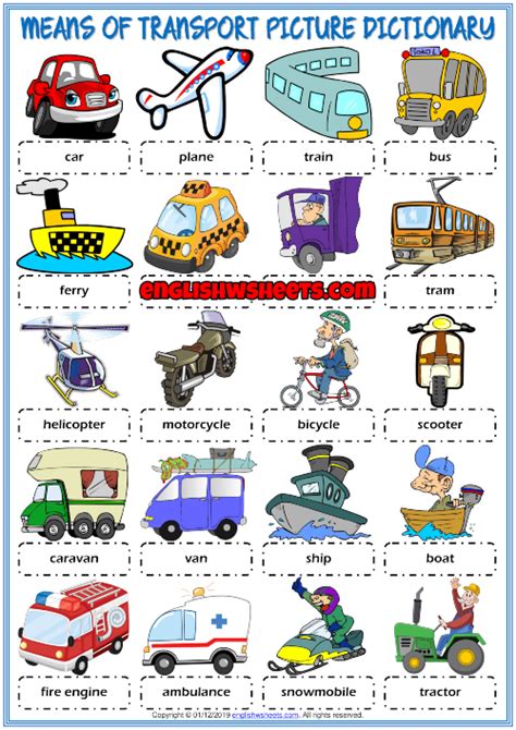Means Of Transport Esl Picture Dictionary Worksheet For Kids