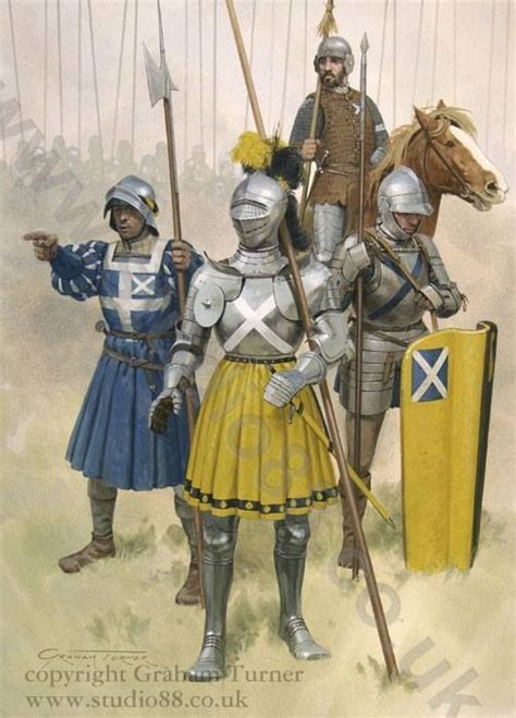 Two Men In Armor Standing Next To Each Other Holding Flags And Shields