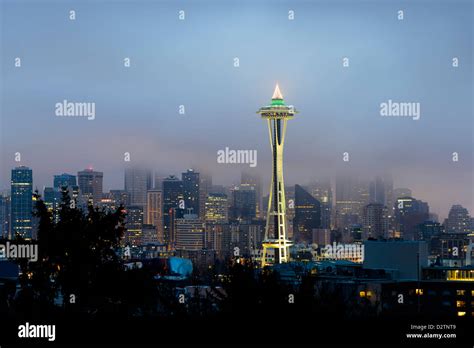 Seattle Skyline And Space Needle At Dawn Viewed From Kerry Park