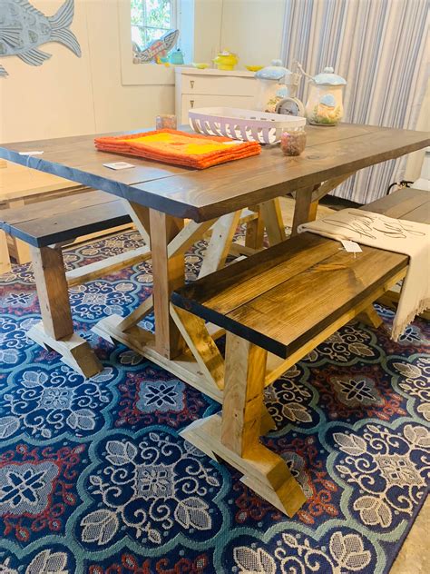 Counter Height Rustic Pedestal Farmhouse Table With Benches Driftwood