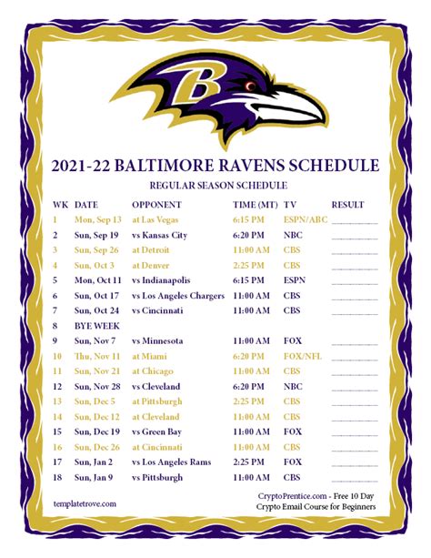 Printable 2021 2022 Baltimore Ravens Schedule