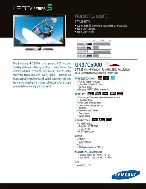 Samsung Un37c5000qfxza Brochure Pdf Download Manualslib