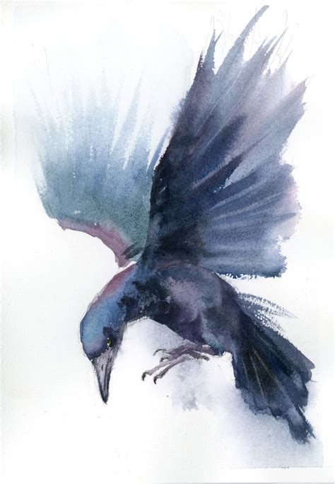 Original Watercolor Raven Painting Bluish Gray Flying Bird Etsy